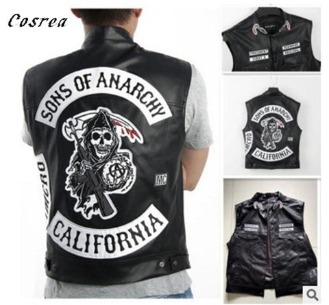 Cosrea Sons of Anarchy Cosplay Costume Men Vest Leather Jacket  Autumn Men Motorcycle Jackets Black Punk  Sleeveless Jacket