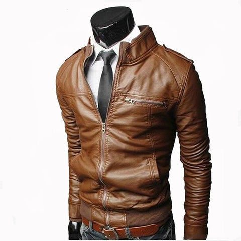 Men Faux Leather Jacket Zippers 2019 Men's Stand Collar Coat Spring Autumn Casual Slim PU Jacket Male Moto Biker Coats Outerwear